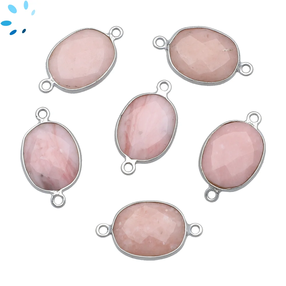 Pink Opal Oval Nugget Bezel Connector  15x12mm - Platinum Plated Sterling Silver - Set of 4
