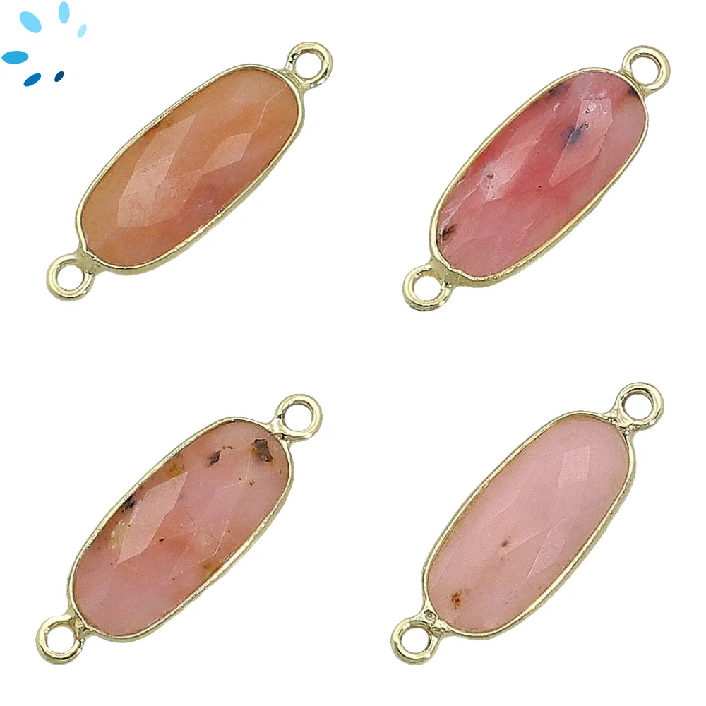 Pink Opal Rectangle Bezel Connector 16x7 - 18x8mm - 18k Gold Plated Sterling Silver - Set of 4