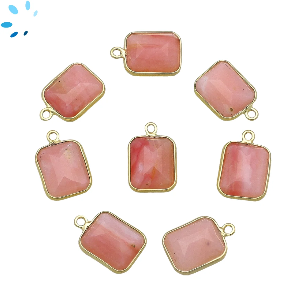 Pink Opal Rectangle Bezel Pendant Charm 14x10mm - 18k Gold Plated Sterling Silver - Set of 4