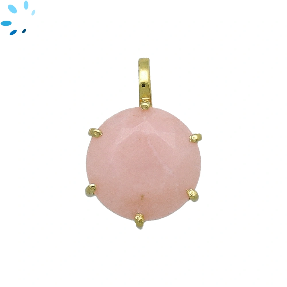 Pink Opal Round Prong-Set Pendant Charm 15mm - 18k  Gold Plated Sterling Silver - 1 Piece
