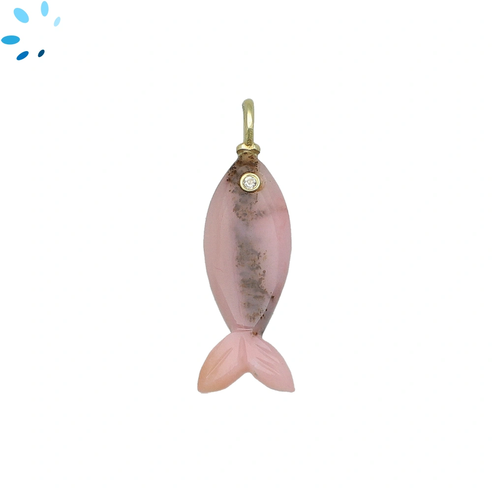 Pink Opal & White Topaz Vertical Elongated Fish Inlay Pendant Charm 25x9mm - 18k Gold Plated Sterling Silver