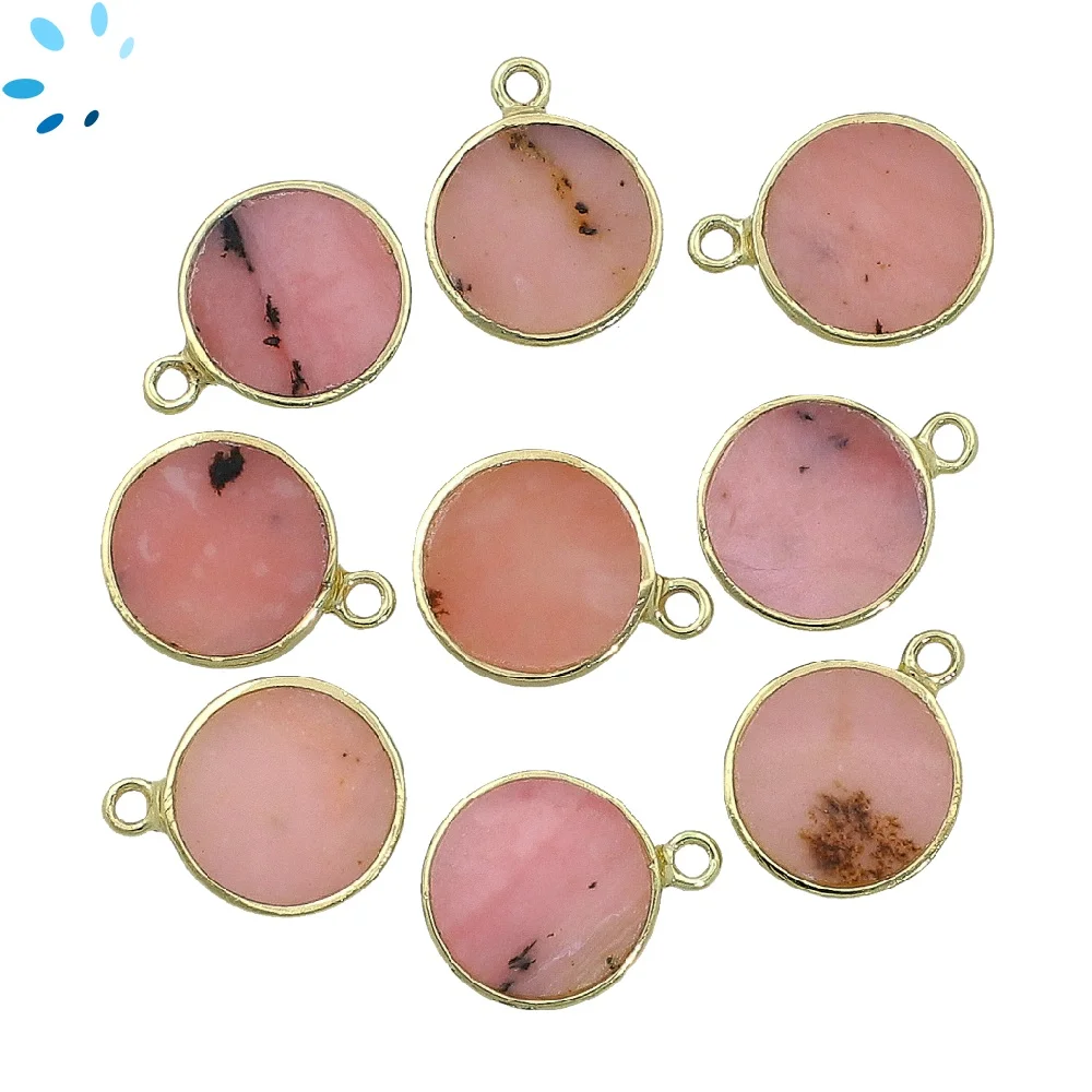 Pink Peruvian Opal Coin Bezel Pendant Charm 12mm - 18k Gold Plated Sterling Silver - Set of 4