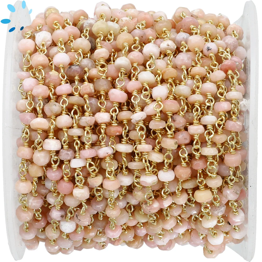 Pink Peruvian Opal Faceted Button 4 - 5 mm Sterling Silver Gold Plated Rosary Style Beaded Chain Per Foot