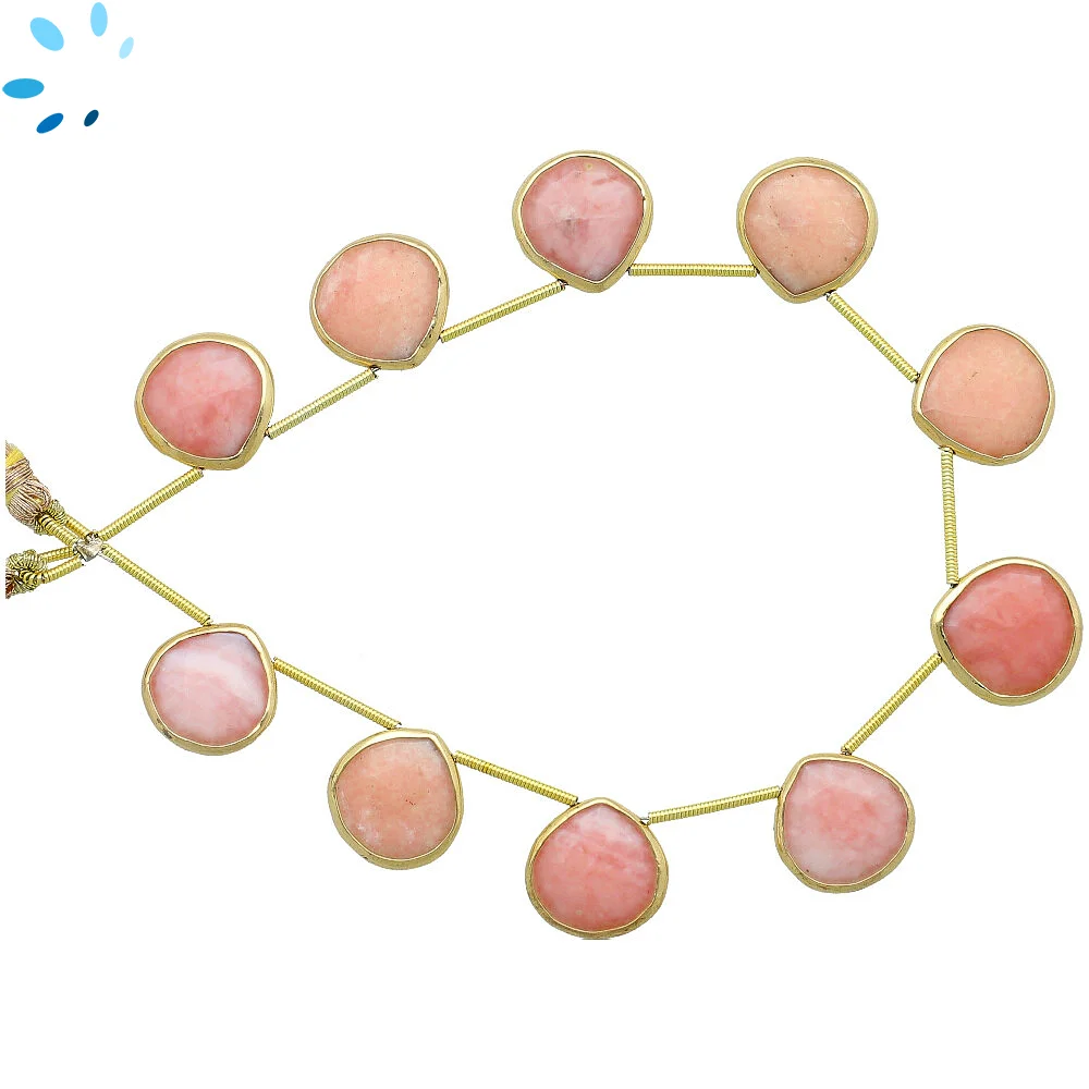 Pink Peruvian Opal Faceted Heart Bezel Set Beads 13mm Top Drilled - 18k Gold Plated Sterling Silver