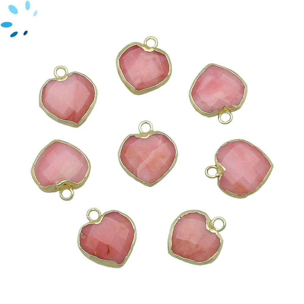 Pink Peruvian Opal Heart Charm Pendant 14-15mm 18k Gold Electroplated - Set of 4