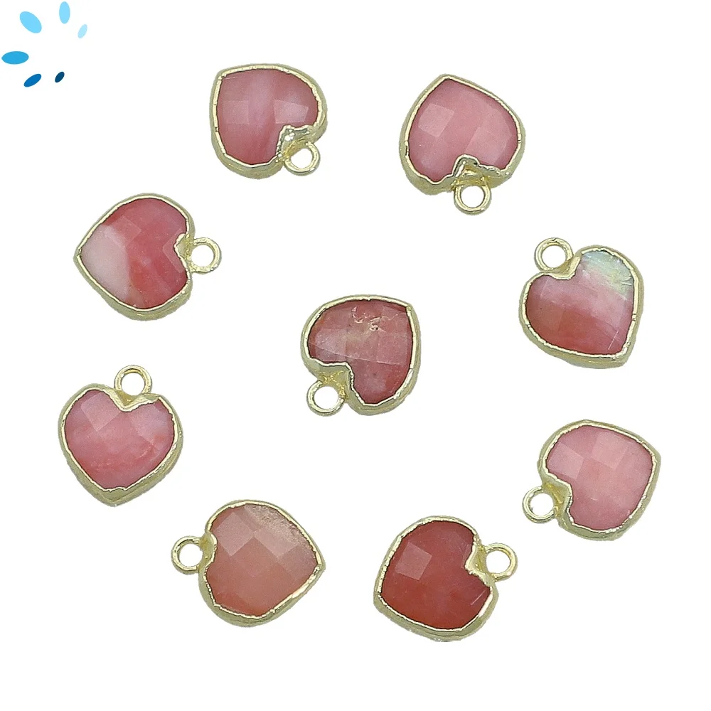 Pink Peruvian Opal Heart Charm Pendant 9mm 18k Gold Electroplated - Set of 4