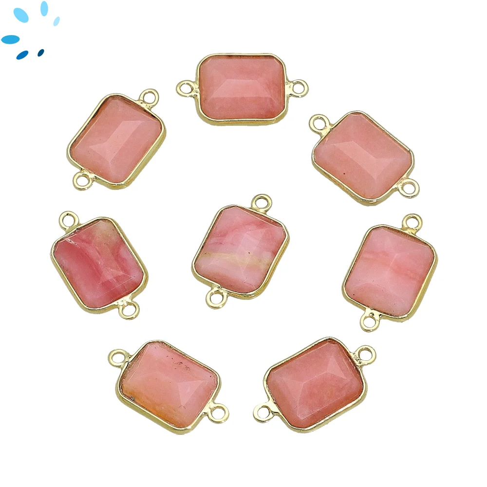 Pink Peruvian Opal Rectangle Bezel Connector 14x10mm - 18k Gold Plated Sterling Silver - Set of 4