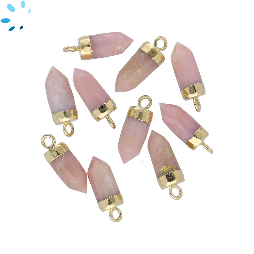 Pink Peruvian Opal Spike Charm Pendant 13x5mm 18k Gold Electroplated - Set of 4