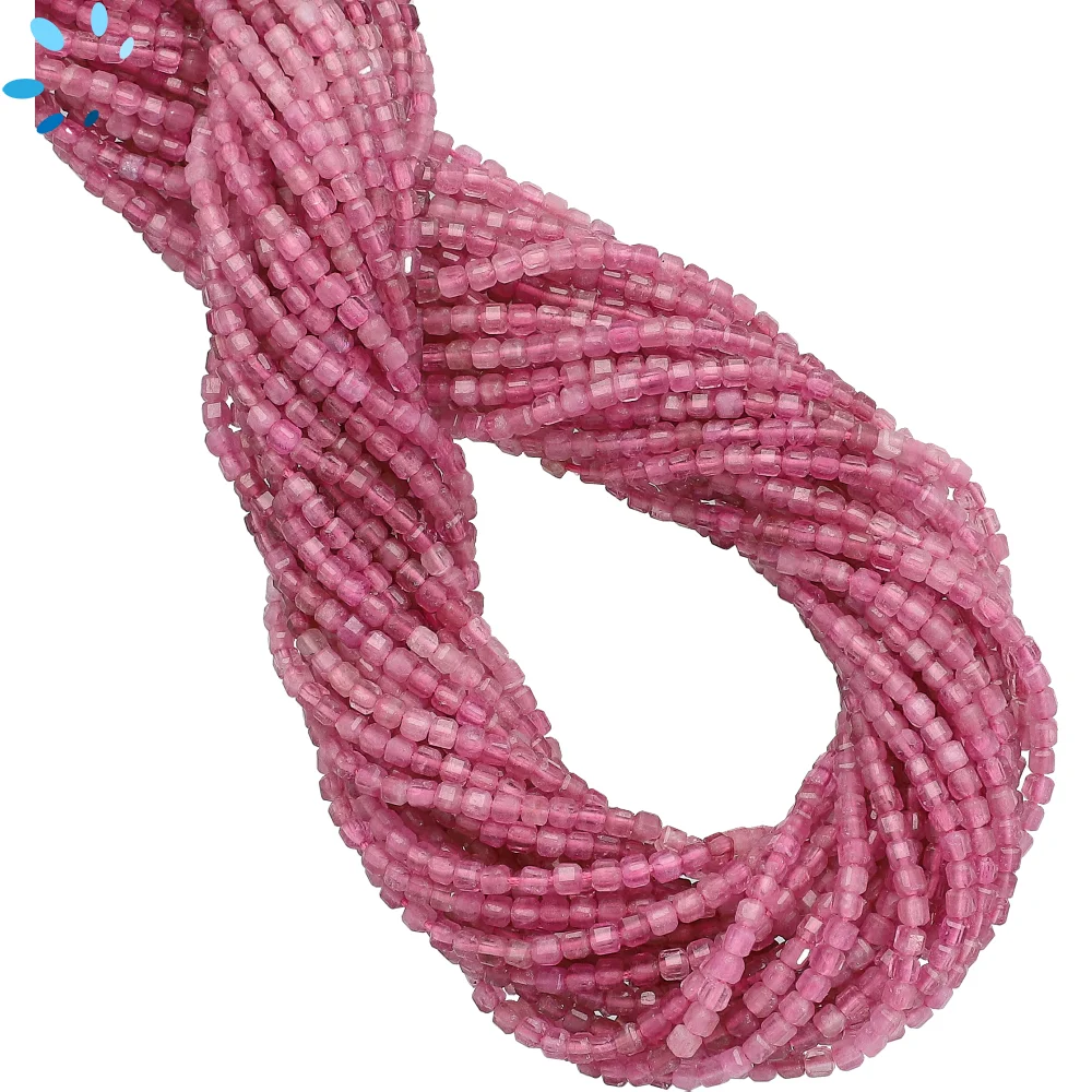 Pink Tourmaline Faceted Cube Top to Bottom Drilled Beads 2mm - 14 Inch Strand