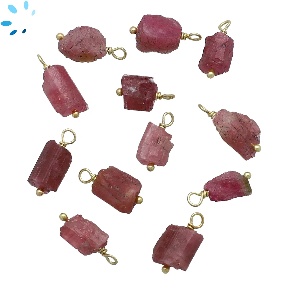 Pink Tourmaline Rough Bezel Pendant Charm 7x5 - 9x7mm - 18k Gold Plated Sterling Silver - Set of 4