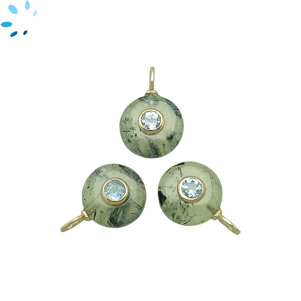 Prehnite & Blue Topaz Round Inlay Charm Pendant 12mm - 18k Gold Plated Sterling Silver - 1 Piece