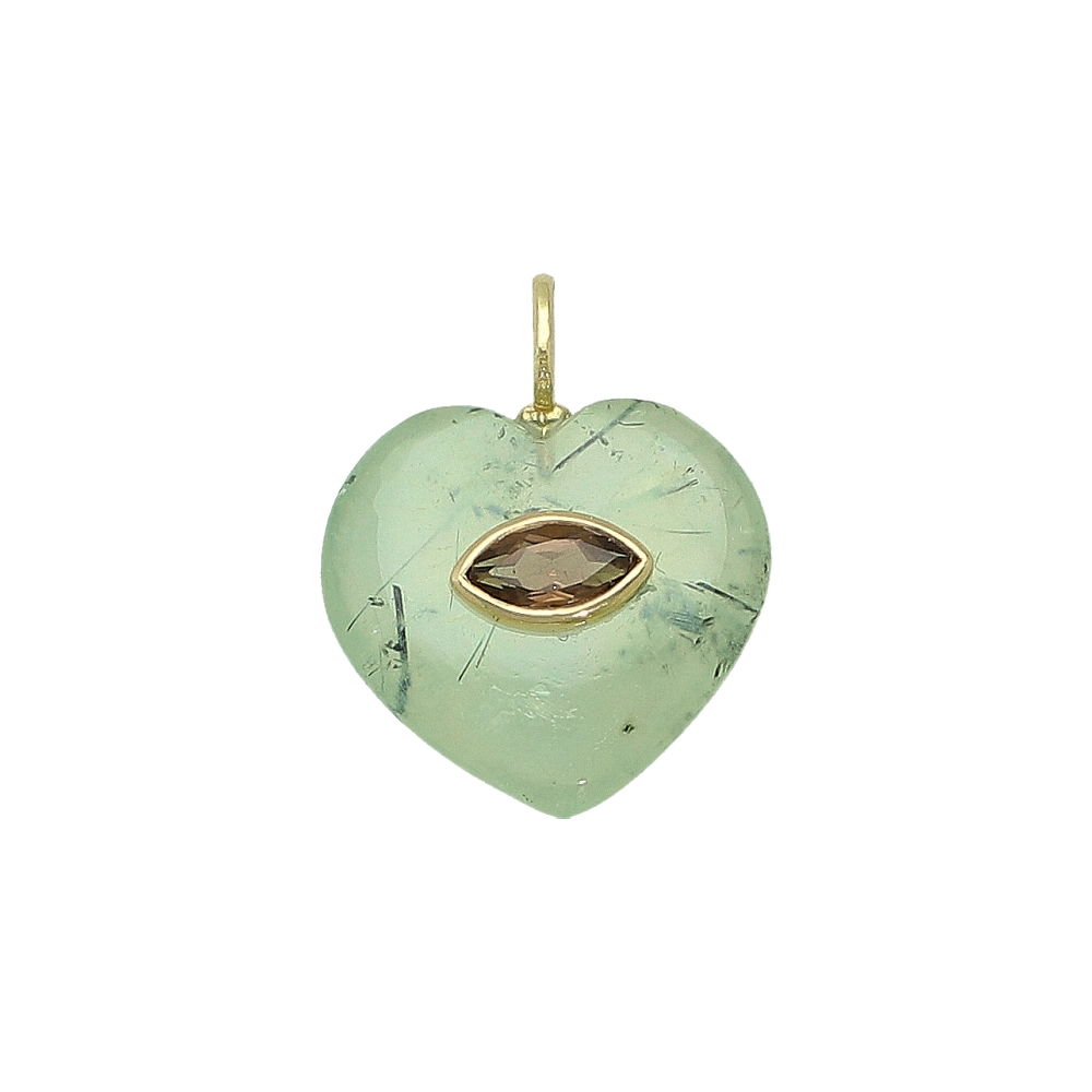 Prehnite & Smoky Quartz Heart Inlay Charm Pendant 19mm - 18k Gold Plated Sterling Silver