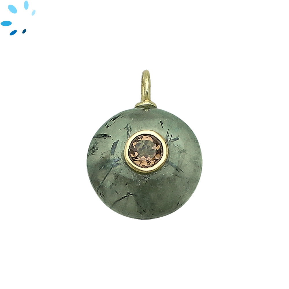 Prehnite & Smoky Quartz Round Inlay Charm Pendant 16mm - 18k Gold Plated Sterling Silver