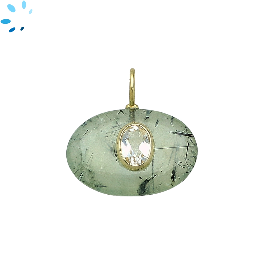 Prehnite & White Topaz Oval Inlay Charm Pendant 22x15mm - 18k Gold Plated Sterling Silver