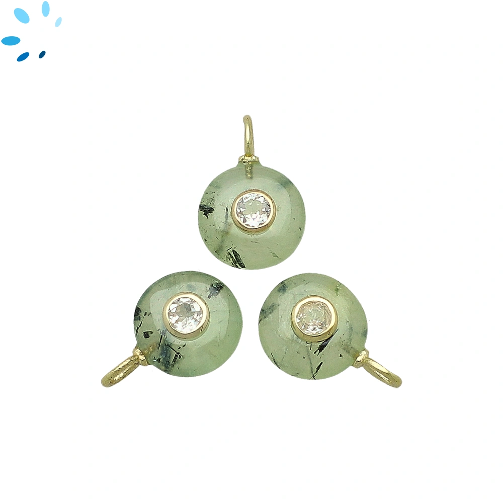 Prehnite & White Topaz Round Inlay Charm Pendant 12mm - 18k Gold Plated Sterling Silver - 1 Piece