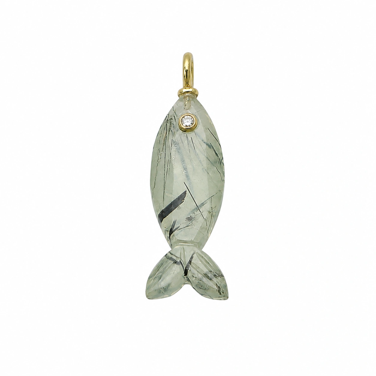 Prehnite & White Topaz Vertical Elongated Fish Inlay Pendant Charm 25x9mm - 18k Gold Plated Sterling Silver