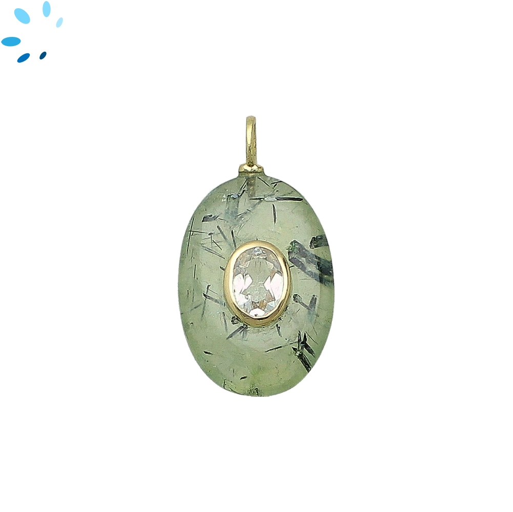 Prehnite & WhiteTopaz Oval Inlay Pendant Charm 22x15mm - 18k Gold Plated Sterling Silver
