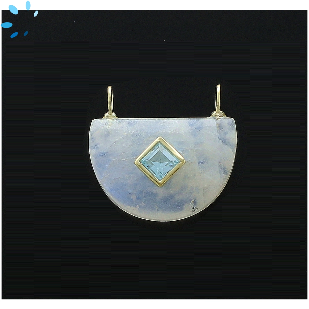 Rainbow Moonstone & Blue Topaz Fancy Shape Inlay Pendant Charm 24x16mm - 18k Gold Plated Sterling Silver