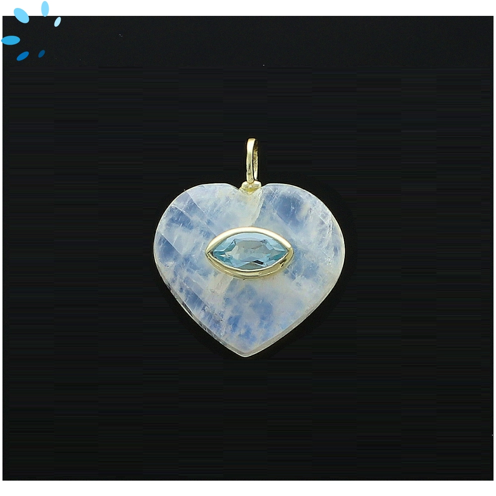 Rainbow Moonstone & Blue Topaz Heart Inlay Pendant Charm 19mm - 18k Gold Plated Sterling Silver