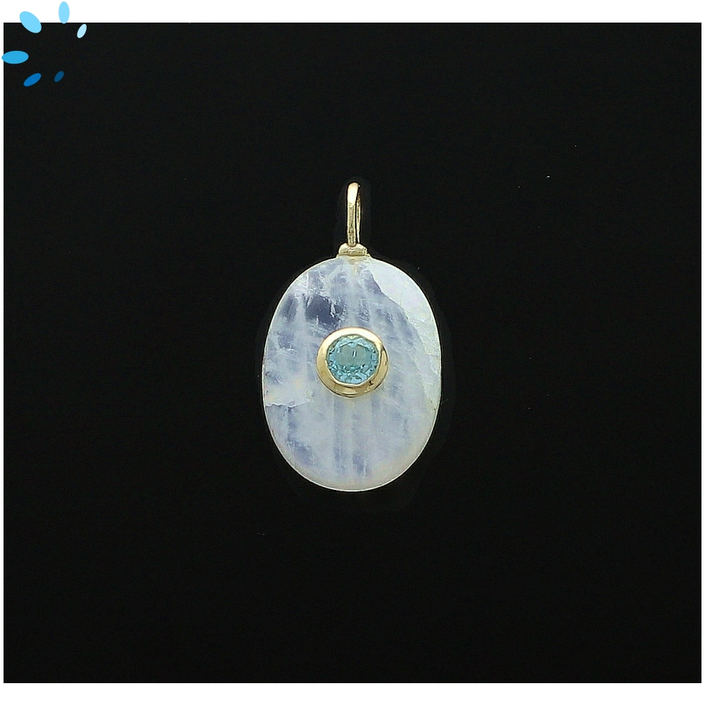 Rainbow Moonstone & Blue Topaz Oval Inlay Charm Pendant 17x13mm - 18k Gold Plated Sterling Silver