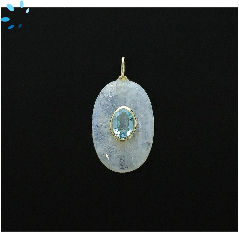 Rainbow Moonstone & Blue Topaz Oval Inlay Charm Pendant 22x15mm - 18k Gold Plated Sterling Silver