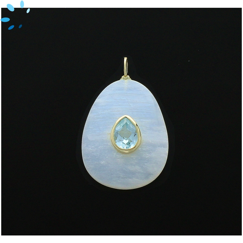 Rainbow Moonstone & Blue Topaz Pear Inlay Charm Pendant 27x20mm - 18k Gold Plated Sterling Silver