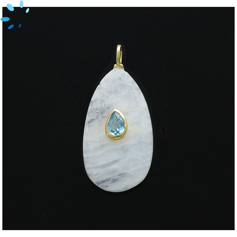 Rainbow Moonstone & Blue Topaz Pear Inlay Pendant Charm 40x16mm - 18k Gold Plated Sterling Silver - 1 Piece