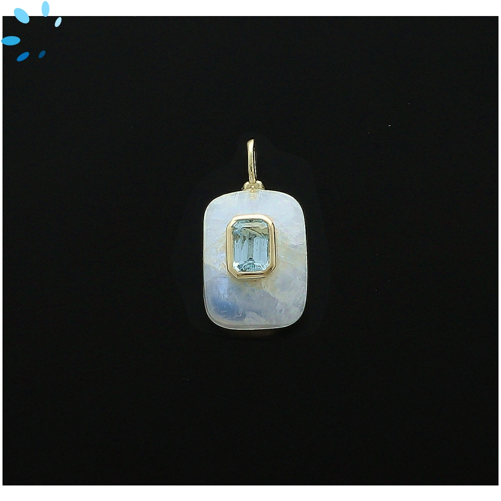 Rainbow Moonstone & Blue Topaz Rectangle Inlay Pendant Charm 15x11mm - 18k Gold Plated Sterling Silver