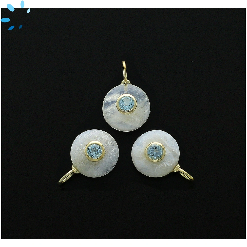 Rainbow Moonstone & Blue Topaz Round Inlay Charm Pendant 12mm - 18k Gold Plated Sterling Silver - 1 Piece