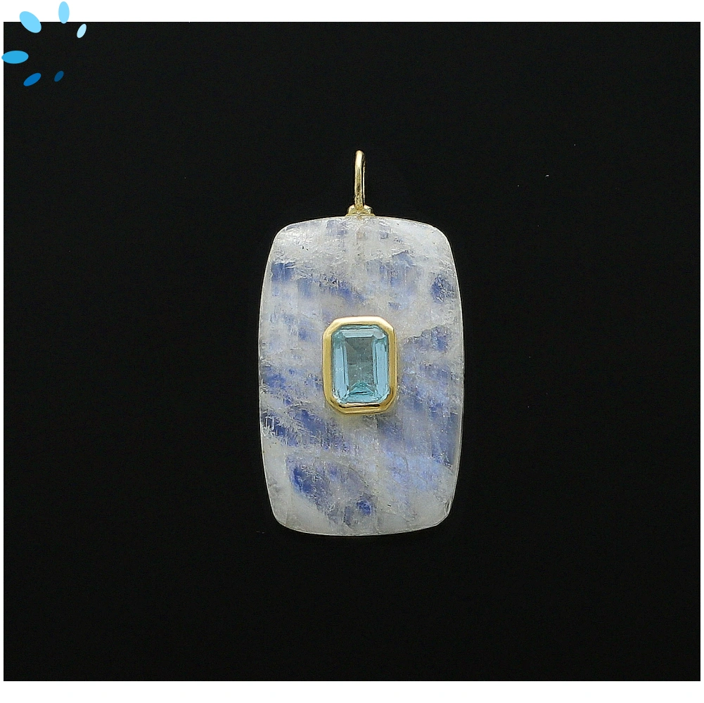 Rainbow Moonstone & Blue Topaz Slab Rectangle Inlay Pendant Charm 28x18mm - 18k Gold Plated Sterling Silver 1 Piece