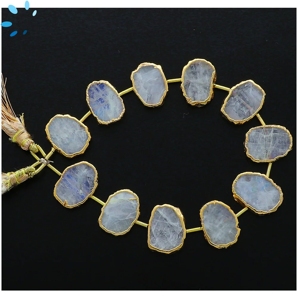 Rainbow Moonstone Center Drilled Slice Beads 15x12mm - 18k Gold Electroplated