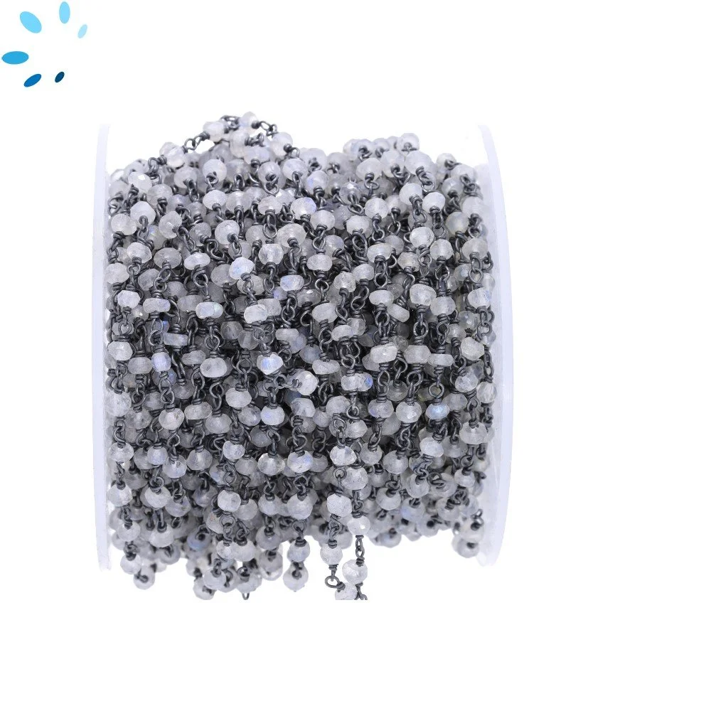 Rainbow Moonstone Faceted Button 3.5 - 4.0mm Sterling Silver Black Rhodium Plated Rosary Style Beaded Chain Per Foot