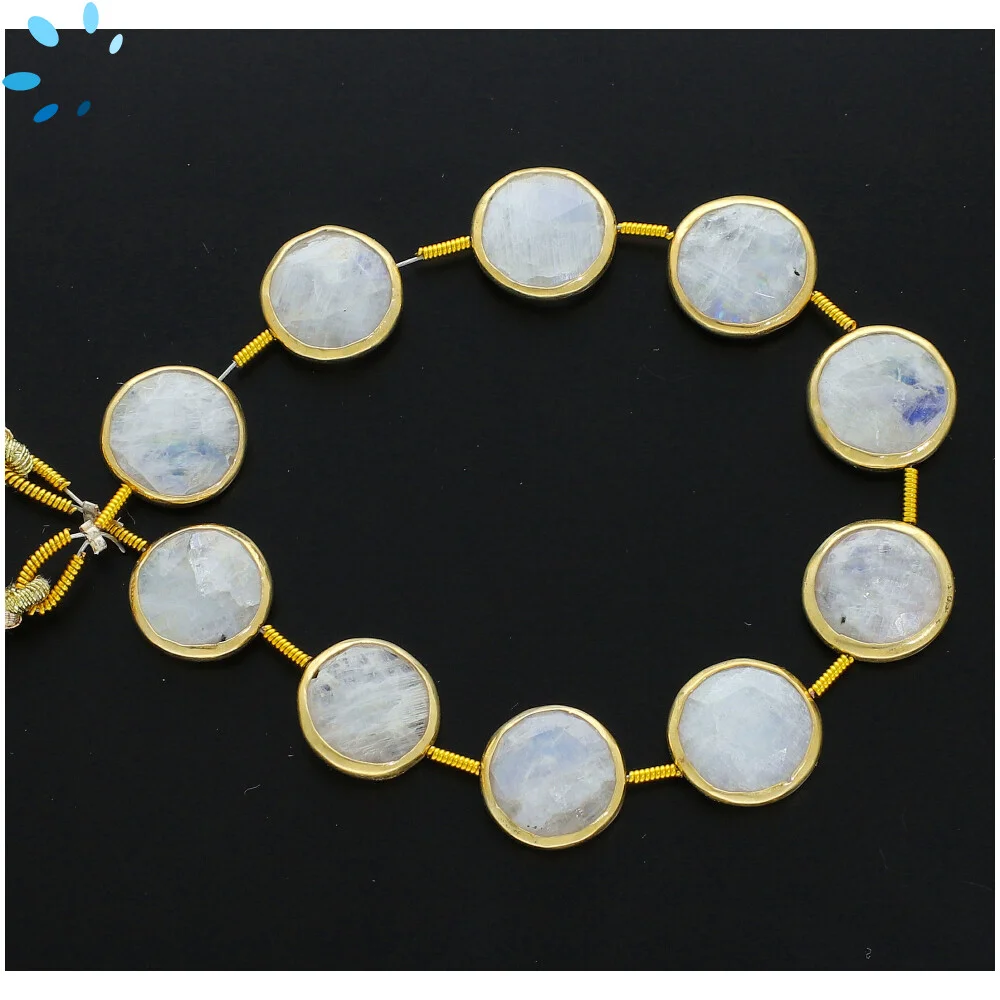 Rainbow Moonstone Faceted Coin Bezel Set Beads 13mm Center Drilled - 18k Gold Plated Sterling Silver