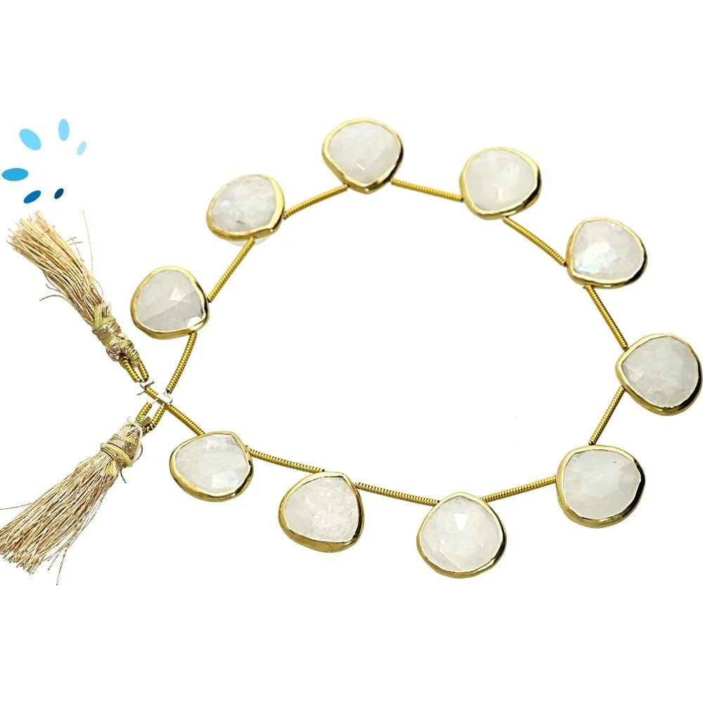 Rainbow Moonstone Faceted Heart Bezel Set Beads 12mm Top Drilled - 18k Gold Plated Sterling Silver