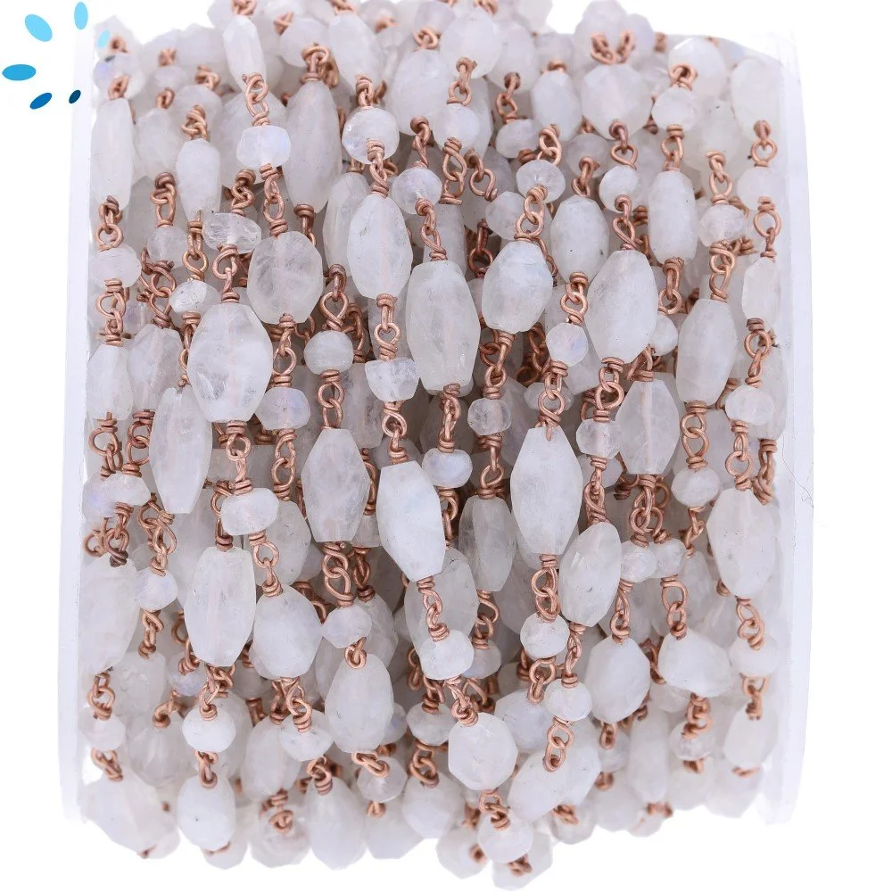 Rainbow Moonstone Faceted Oval & Button Sterling Silver Rosary Style Beaded Chain Per Foot-Rose Gold Plated