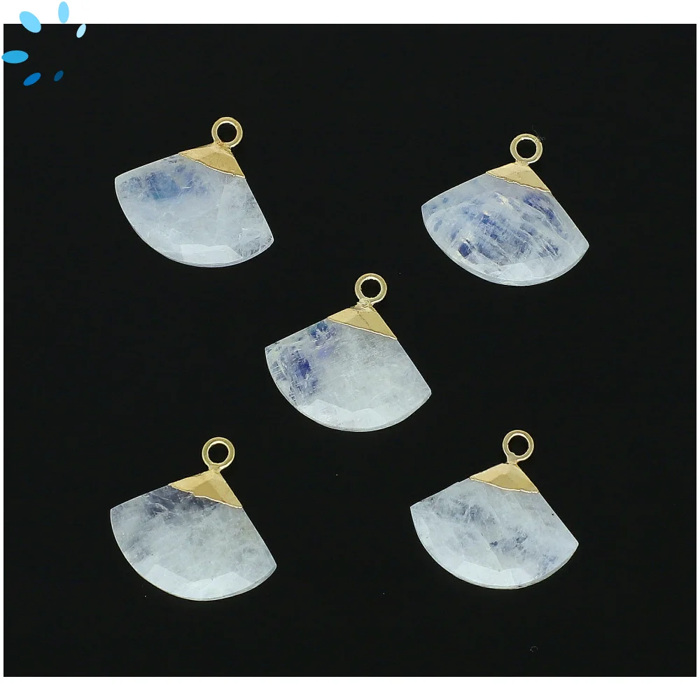 Rainbow Moonstone Fan Pendant Charm 16x13 - 18x14mm 18k Gold Electroplated - Set of 2