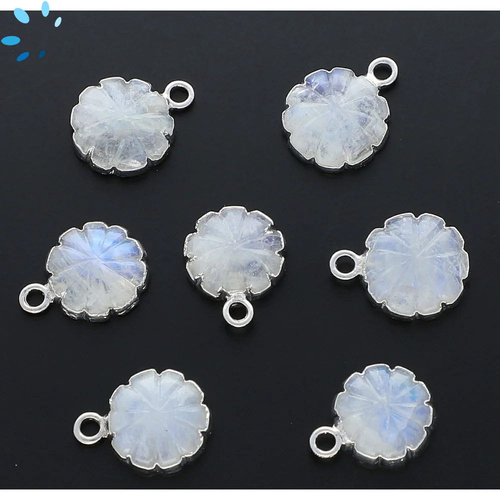 Rainbow Moonstone Flower Pendant Charm 11mm Silver Electroplated - Set of 4