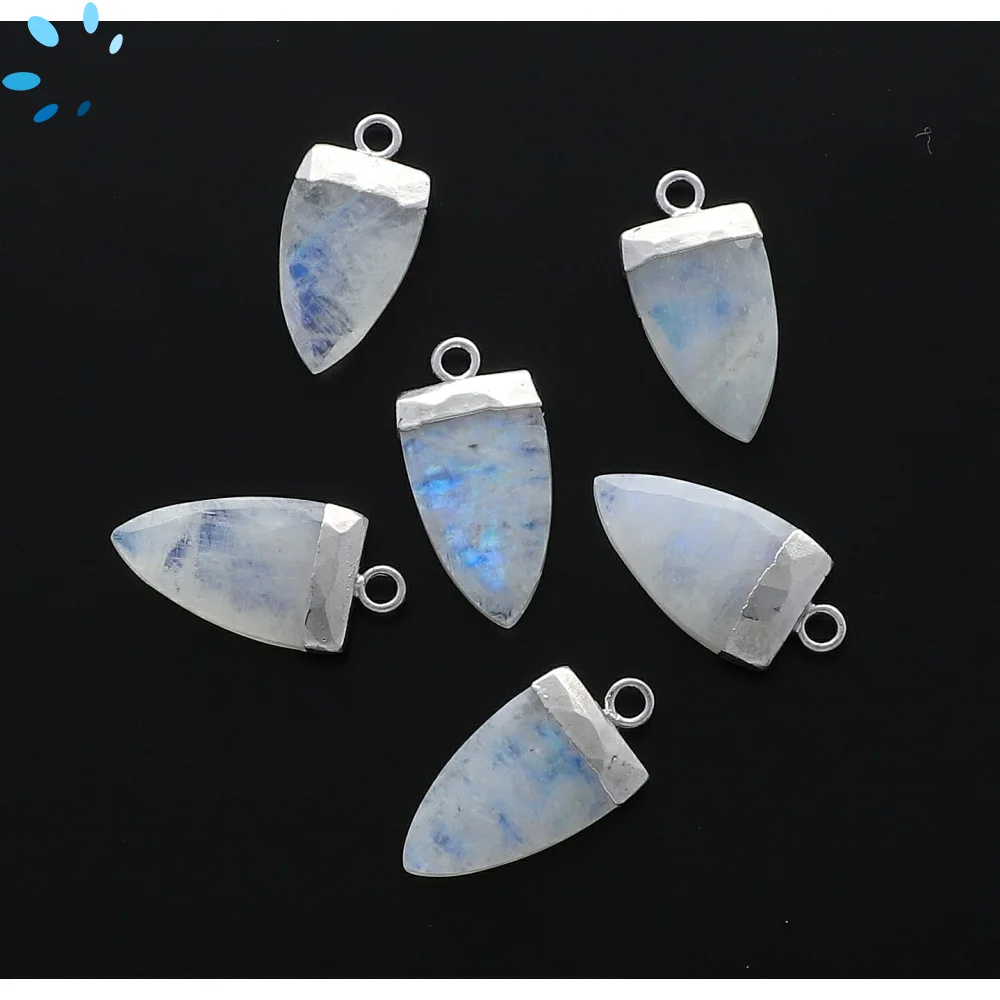 Rainbow Moonstone Half Marquise Charm Pendant 18X10mm Silver Electroplated - Set of 2