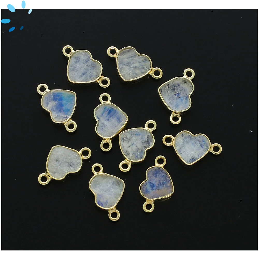 Rainbow Moonstone Heart Bezel Connector 9mm - 18k Gold Plated Sterling Silver - Set of 4