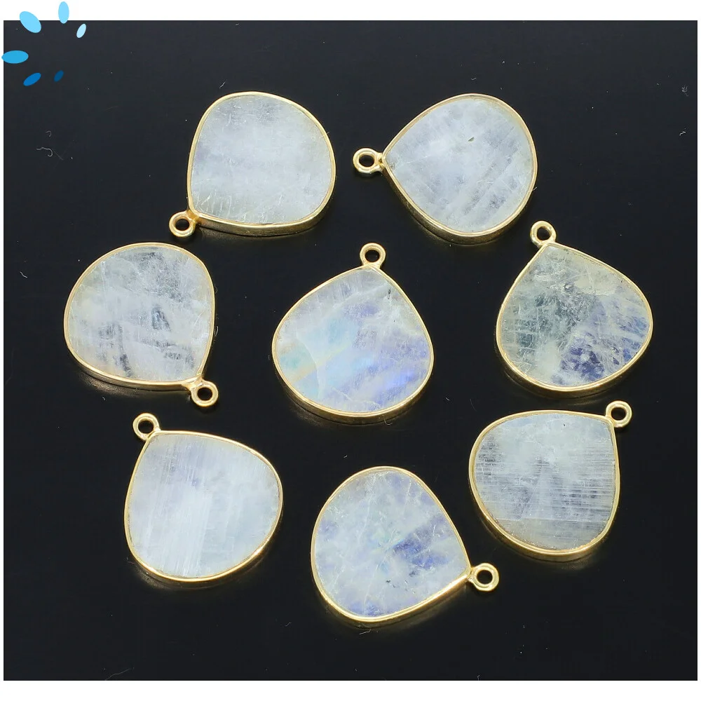 Rainbow Moonstone Heart Bezel Pendant Charm 19mm - 18k Gold Plated Sterling Silver - Set of 2