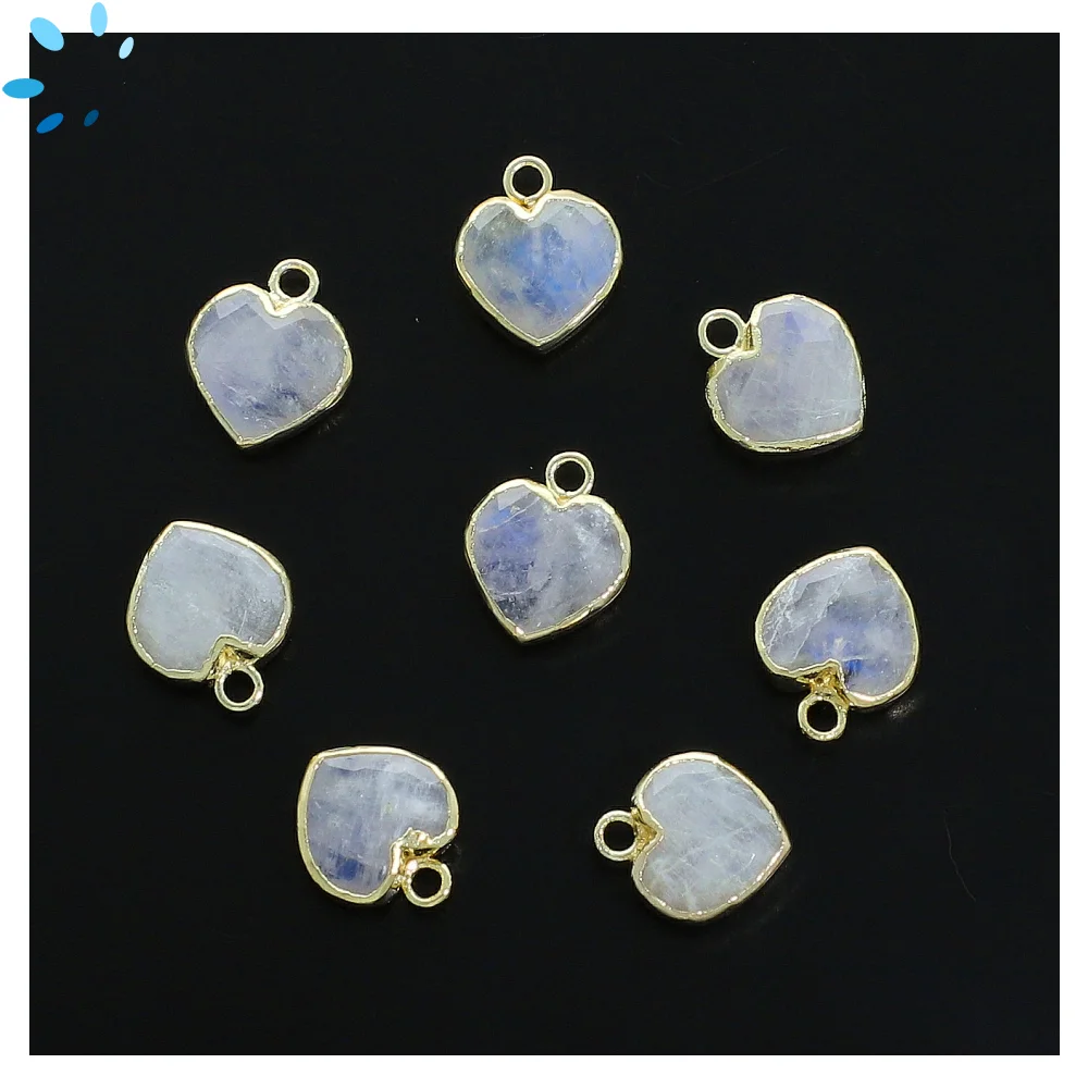 Rainbow Moonstone Heart Charm Pendant 9mm 18k Gold Electroplated - Set of 4