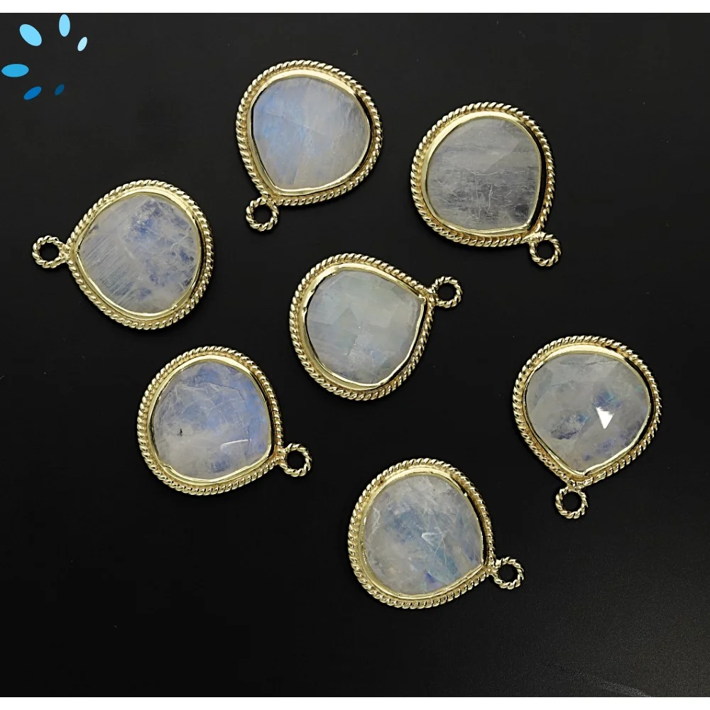 Rainbow Moonstone Heart Twisted Wire Bezel Charm Pendant 18mm - 18k Gold Plated Sterling Silver - Set of 2