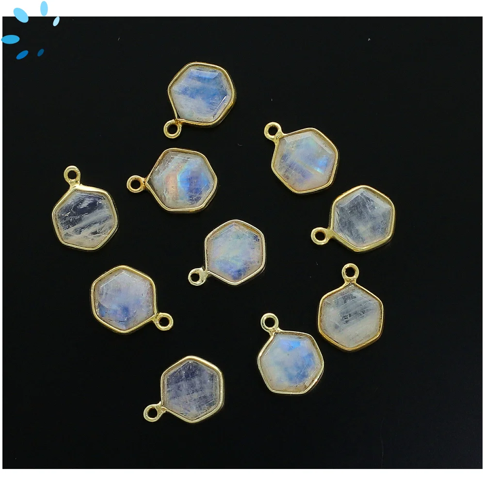 Rainbow Moonstone Hexagon Bezel Pendant Charm 9mm - 18k Gold Plated Sterling Silver - Set of 4