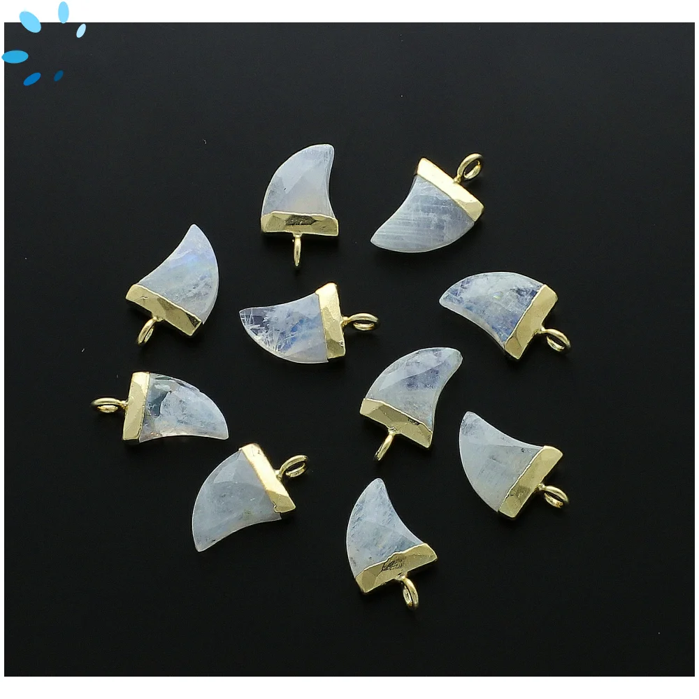 Rainbow Moonstone Horn Pendant Charm 10x9mm 18k Gold Electroplated - Set of 4