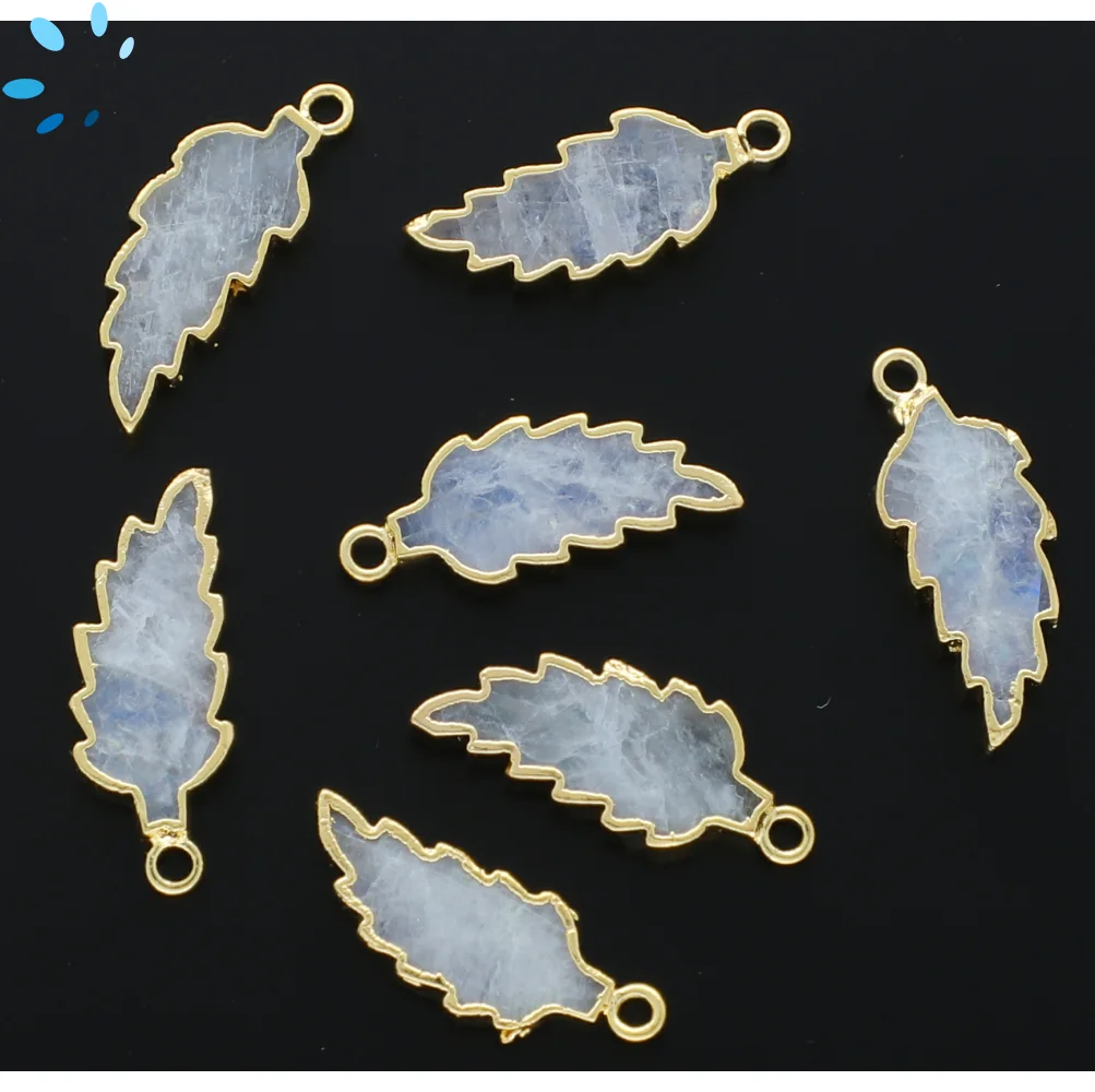 Rainbow Moonstone Leaf Pendant Charm 21x12 - 24x13mm 18k Gold Electroplated - Set of 4