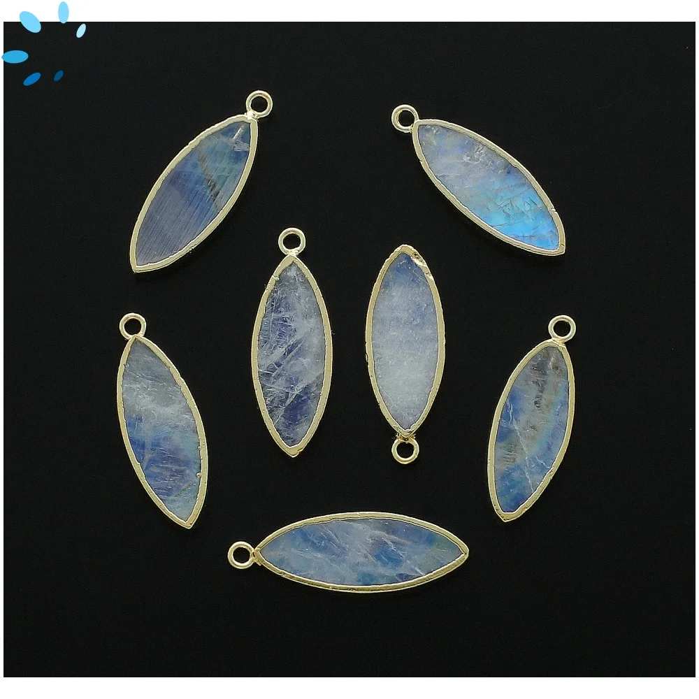 Rainbow Moonstone Marquise Charm Pendant 30x7mm 18k Gold Electroplated - Set of 2