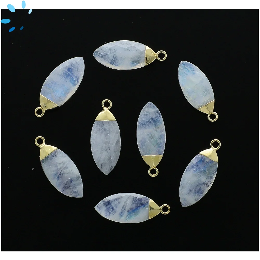 Rainbow Moonstone Marquise Pendant Charm 17x8mm 18k Gold Electroplated - Set of 4