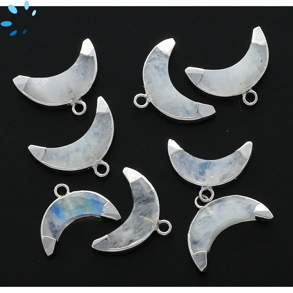 Rainbow Moonstone Moon Charm Pendant 15x5 - 17x6mm Silver Electroplated - Set of 4