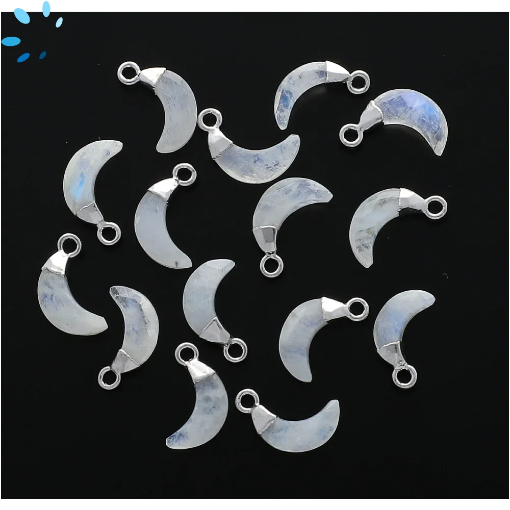 Rainbow Moonstone Moon Pendant Charm 9x3mm Silver Electroplated - Set of 4
