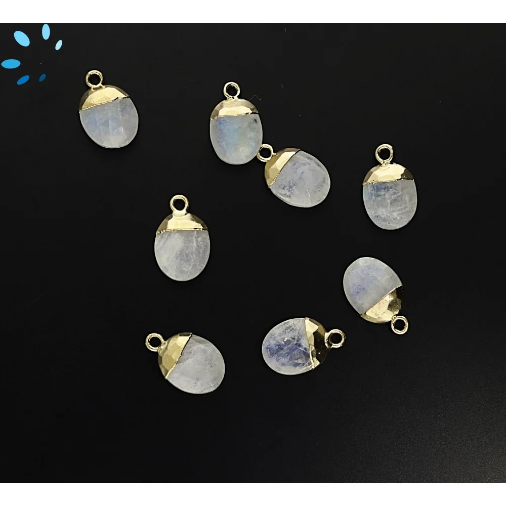 Rainbow Moonstone Oval Charm Pendant 10x8 - 12x9mm 18k Gold Electroplated - Set of 4